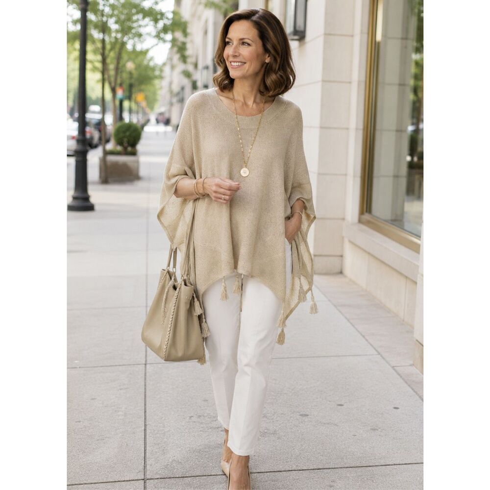 By Marlene Birger Revolve Linen Knit Pancho Oversized Sweater Sm Tassels